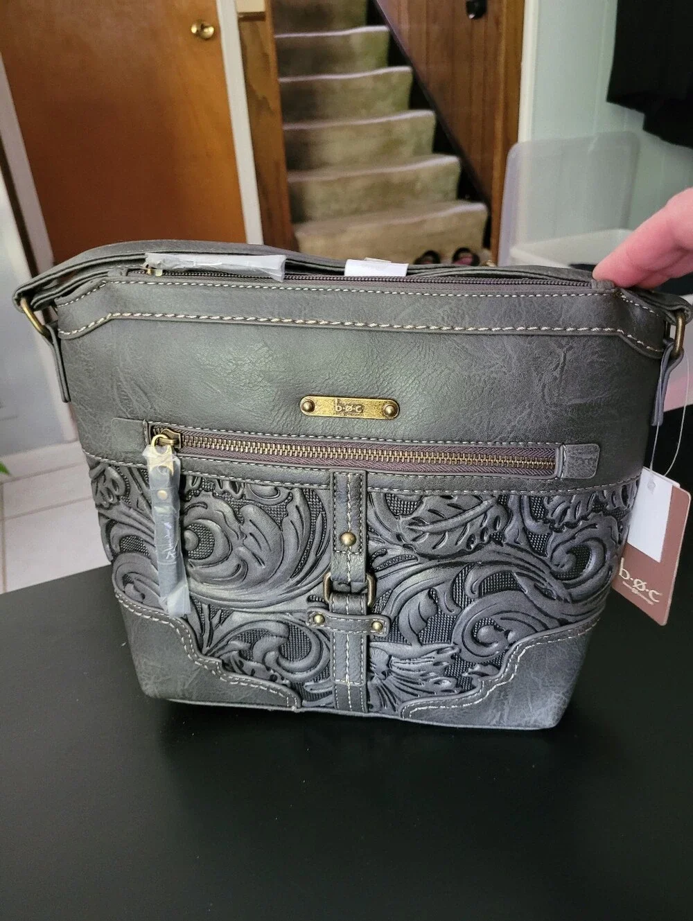 b.o.c. Gray Embossed Floral Crossbody Bag